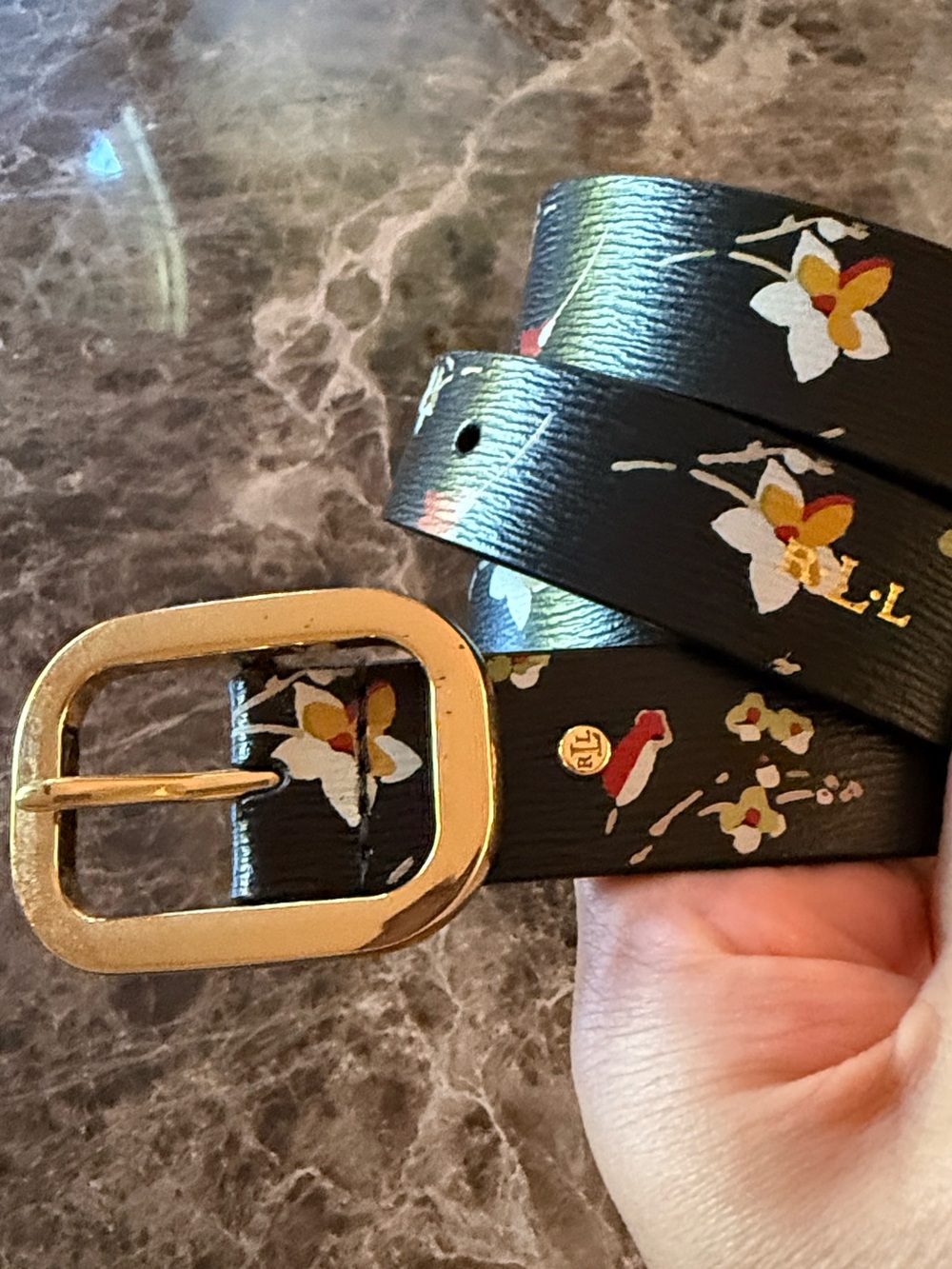 Lauren Ralph Lauren black leather belt with floral motif, Size Medium